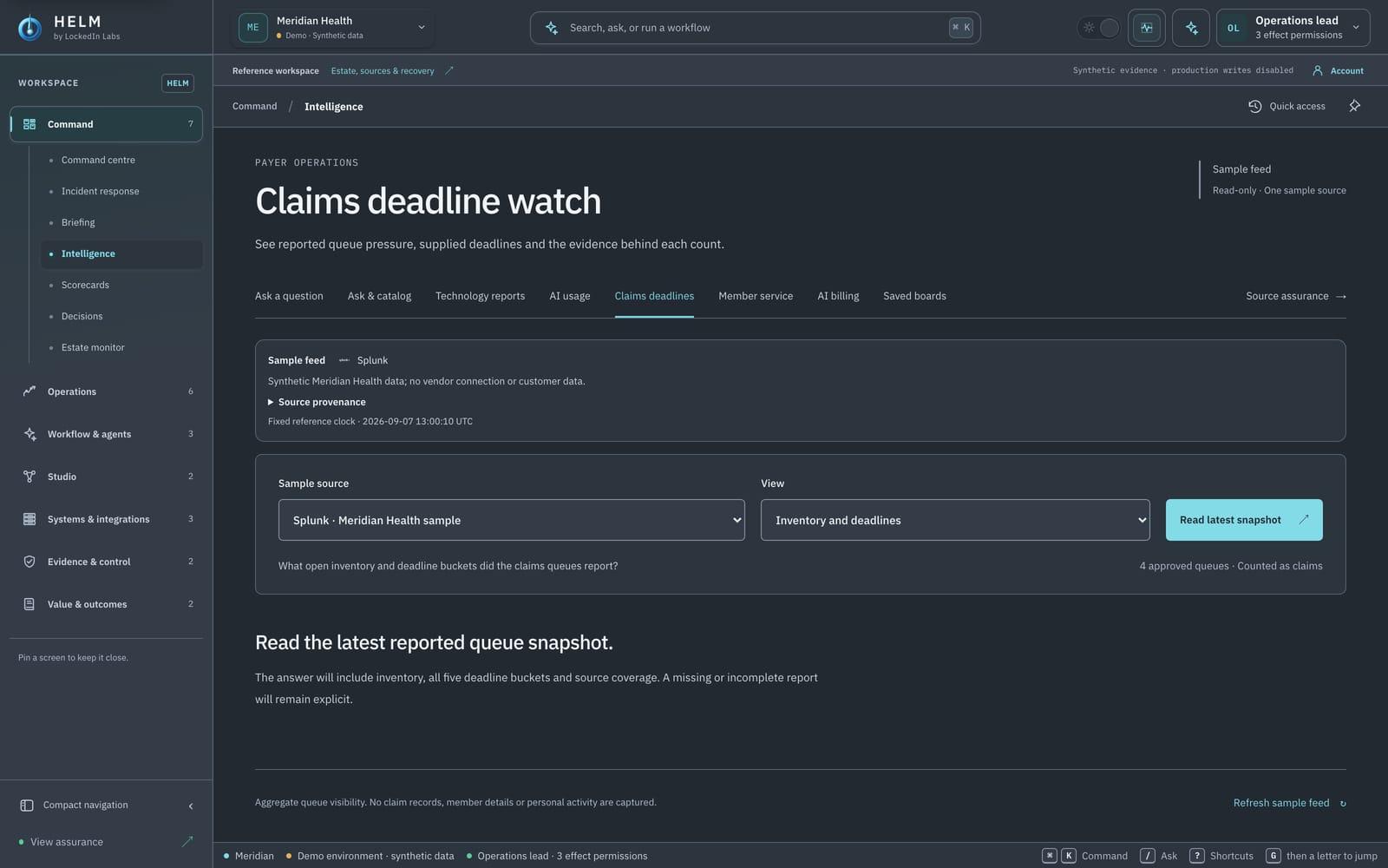Enterprise Intelligence on the Claims deadlines view: the heading Claims deadline watch, a Sample feed notice naming Splunk and stating synthetic Meridian Health data, and a Read latest snapshot control. No snapshot has been read yet.