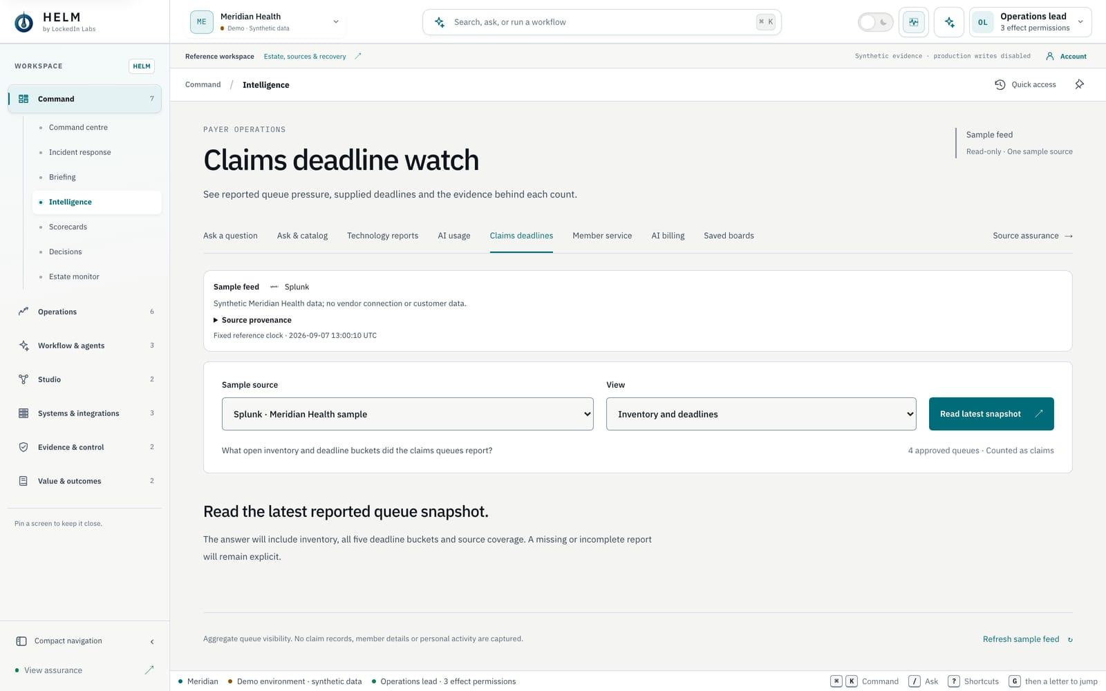 Enterprise Intelligence on the Claims deadlines view: the heading Claims deadline watch, a Sample feed notice naming Splunk and stating synthetic Meridian Health data, and a Read latest snapshot control. No snapshot has been read yet.