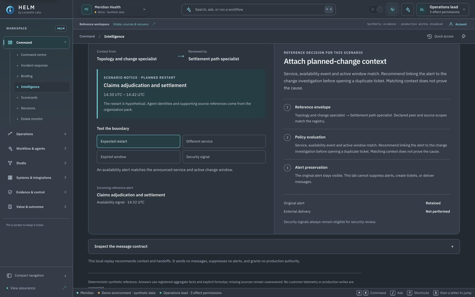 The coordination lab on the Expected restart scenario: the reference decision Attach planned-change context with a three-step trace (reference envelope, policy evaluation, alert preservation), and the original alert retained with external delivery not performed.