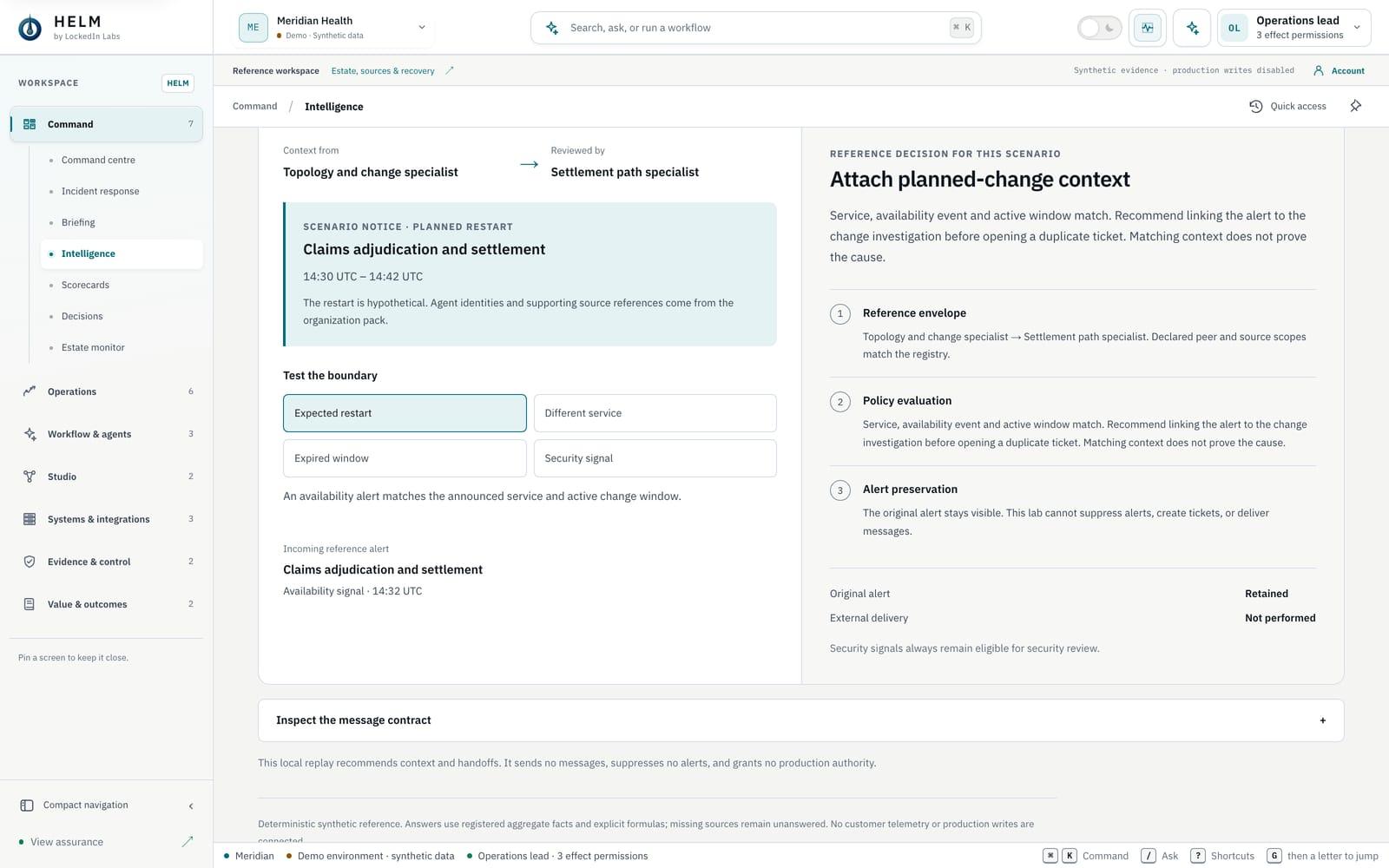 The coordination lab on the Expected restart scenario: the reference decision Attach planned-change context with a three-step trace (reference envelope, policy evaluation, alert preservation), and the original alert retained with external delivery not performed.
